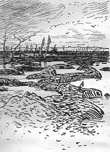 Skizze: Das Trichtergelände zwischen B.T.K. und K.T.K. Gheluvelt (1917)