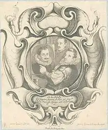 TeigwerkkartuscheHans von Aachen malt Paulus van Vianen mit Adriaen de Vries im Hintergrund. Kupferstich, um 1630–1650