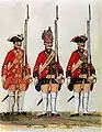 Infanterie-Regiment v. Hardenberg (links) und Fußgarde (Mitte und rechts), um 1761.