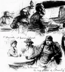 Zeichnung, oben Justus Schwab am Klavier mit zwei ergriffenen Zuhörern, unten Emma Goldman am Tisch mit der Unterschrift „The high priestess of Anarchy!“