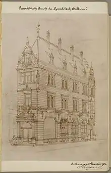 Haus Kaiserstraße 27. Bauherr: Heilbronner Gewerbebank. 1902 an Adolf Grünwald und Abraham Sigmund verkauft.