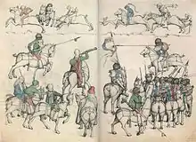 „Das Scharfrennen“, aus dem Mittelalterlichen Hausbuch von Schloss Wolfegg