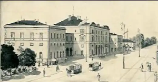 Hauptbahnhof 1 mit Bayerns erster kommunalen Straßenbahn,der Schweinfurter Straßenbahn (Pferdebahn)um 1900