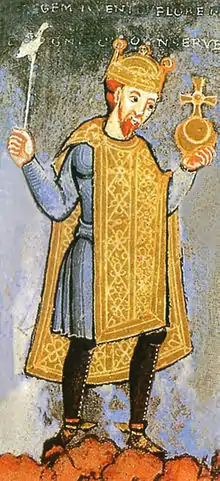 Kaiser Heinrich III. mit Zepter und Reichsapfel, Miniatur aus dem Perikopenbuch Heinrichs III., Echternach um 1040