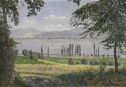 Sommerlandschaft am BodenseeÖl auf Leinwand(Blick auf des Schweizer Ufer mit Tägerwilen (Stad), im Hintergrund links der Säntis)