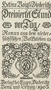 Das Titelblatt des Romans ist in altdeutscher Schrift gehalten. In der unteren Hälfte ist eine Zeichnung mit Blumen um den Buchstaben "D" zu sehen.