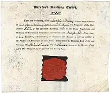 Aktie der Hereford Railway, ausgegeben am 1. Juni 1829, gedruckt auf Pergament, eingetragen auf Joseph Bailey in Nantyglo, County of Monmouth, Besitzer mehrerer Eisenwerke und Zechen, Politiker und ab 1837 Bankhausbetreiber