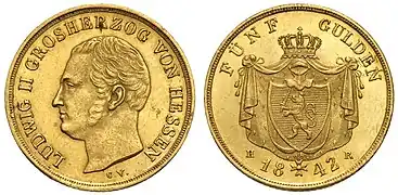 Fünf Gulden Münze Ludwig II. Großherzog von Hessen-Darmstadt (1842)