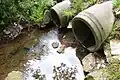 Doppeltunnel unter der Straße „Im Kreuzbruch“. Die Möglichkeiten der Wassertiere zu wandern, werden eingeschränkt. Allerdings ist der Bach hier noch steil genug, dass er bei Niedrigwasser auch natürlicherweise vergleichbare Stufen bildet. (27. Juli 2011)