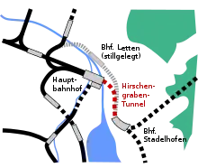 Eisenbahnlinien im Zentrum von Zürich mit dem stillgelegten Teil der Rechtsufrigen Seebahn in grau – Lettentunnel zwischen Bahnhof Letten und Bahnhof Stadelhofen