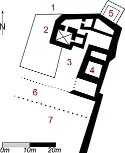 Grundriss der Hodeburg, 1 = Schildmauer; 2 = Wohnturm; 3 = Hof; 4 = Bergfried; 5 = Turm (Reste); 6 = Graben; 7 = Vorburg