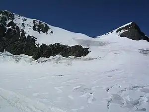 Hohbalmgletscher vom Schwarzhorngrat oberhalb der Mischabelhütte, rechts Windjoch und Ulrichshorn