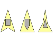 Für 
  
    
      
        n
        =
        8
      
    
    {\displaystyle n=8}
  
 Ecken werden 3 Wächter benötigt. Das linke Polygon geht auf Julian Sidarto zurück. Die beiden Rechten auf Tomas Shermer.