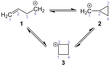 Umlagerungen zwischen einem Homoallyl-Carbeniumion (1), einem Cyclopropan-Carbeniumion (2)und einem Cyclobutan-Carbeniumion (3)