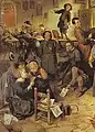 Ausschnitt aus Die Dorfschule von Jan Steen (um 1670). Das Kind links trägt eine Buchstabentafel am Gürtel seines Rocks.