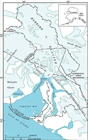 Karte der Yakutat Bay mit der Disenchantment Bay im Nordosten und dem südlich daran anschließenden Russell-Fjord