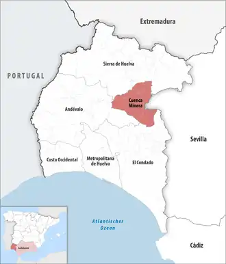 Die Lage der Comarca Cuenca Minera in der Provinz Huelva