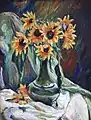 Stillleben mit Vase, Sonnenblumen und weißer Decke (1924)