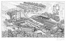 Firmensitz der Idealspaten-Bredt GmbH & Co. KG, Federzeichnung in schwarz-weiß, erstellt ca. 1970