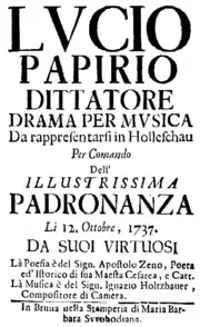 Ignaz Holzbauer – Lucio Papirio dittatore – Titelseite des Librettos –  Holešov 1737