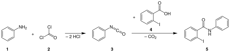 Kommerzielle Synthese von Benodanil durch Reaktion von Anilin mit Phosgen zu Phenylisocyanat und anschließender Reaktion mit o-Iodbenzoesäure