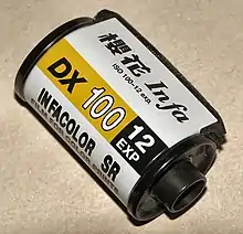 Farbfotografie von einer liegenden Filmrolle von Infacolor mit der Aufschrift „DX 100 12 Exp“.