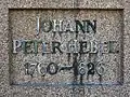Inschrift im Denkmalsockel von Johann Peter Hebel im Hebelpark, Lörrach