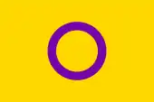 A yellow background with a purple circle in the middle, representing intersex people
