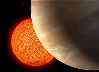 Künstlerische Darstellung des Roten Riesen mit seinem Exoplaneten