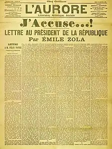 Titelseite der Zeitung L'Aurore mit der Schlagzeile „J’accuse…! Lettre au président de la République par Émile Zola“. Die sechs Spalten gehen über das gesamte Blatt und haben als Untertitel „Lettre à M. Félix Faure“. Rechts oben steht das Datum, der 13. Januar 1898.