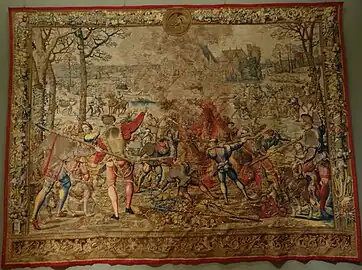 Eine Tapisserie zeigt die Jagd von Maximilian mit Schloss Tervuren im Hintergrund