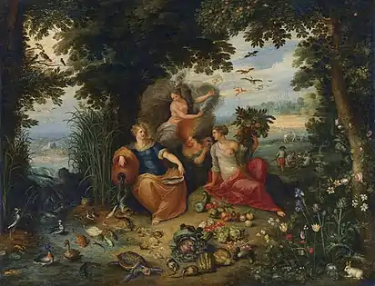 Gemeinsam mit Frans Francken d. J.: Allegorie der vier Elemente, um 1630, Öl auf Holz übertragen auf Leinwand, 52 × 66 cm, Privatsammlung (?)