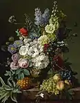 Stillleben mit Blumen, Ananas und anderen Früchten, sign. und dat. „Vandael 1792“, Öl auf Leinwand, 85,1 × 66 cm, Privatsammlung