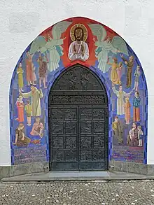 Jean Kern (1874–1967) Mosaik 1934, Mosaikentwurf von Karl Peterli (1897–1975). Stadtkirche St. Nikolaus, Wil (SG)
