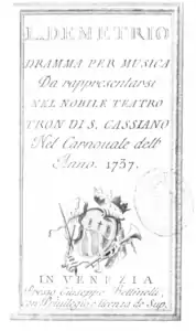 Johann Adolph Hasse – Demetrio – Titelseite des Librettos – Venedig 1737