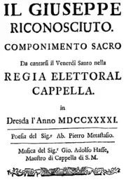 Johann Adolph Hasse – Il Giuseppe riconosciuto – Titelseite des Librettos – Dresden 1741