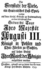 Johann Adolph Hasse – L’asilo d’Amore – Titelseite des deutschen Librettos – Hubertusburg 1743