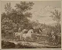 Pferdegruppe und bellender Hund, 1790er Jahre.