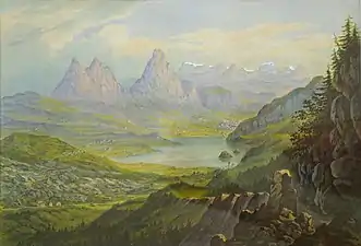 Lauerzersee und Mythen um 1880, mit Geröll des Bergsturzes.  Aquarell von Heinrich Müller.