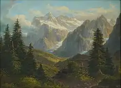 Heinrich Müller: Wetterhörner, Mättenberg, Oberer und Unterer Grindelwaldgletscher von Westen, um 1870/80
