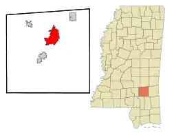 Lage von Laurel im Jones County (links) und in Mississippi (rechts)