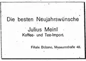 Neujahrswünsche der Fa. Julius Meinl (im Torgglhaus) zum Jahreswechsel 1925/26, Werbeschaltung im Bozener Volksblatt