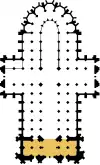 Grob schematisierter Grundriss des Kölner Domes auf Basis diverser alter Grundrisse nachgezeichnet. Westfassade und Turmhallen farblich hervorgehoben