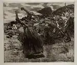 Losbruch, Blatt 5 aus dem Zyklus „Bauernkrieg“, 1902/03, Strichätzung, Kaltnadel, Aquatinta, Reservage sowie Vernis mou mit Durchdruck von zwei Stoffen und Zieglerschem Umdruckpapier, Kn 70