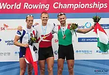 Azou mit Henrik Stephansen und Péter Galambos bei den Weltmeisterschaften 2013 in Chungju