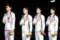 Die Goldmannschaft im Säbelfechten 2012 (v. l. n. r.): Gu Bon-gil, Kim Jung-hwan, Won Woo-young und Oh Eun-seok