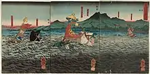 Der farbige Druck zeigt drei schwimmende Pferde, deren Reiter Samurairüstungen tragen, und im Hintergrund eine bergige Landschaft mit Bäumen entlang des Ufers.