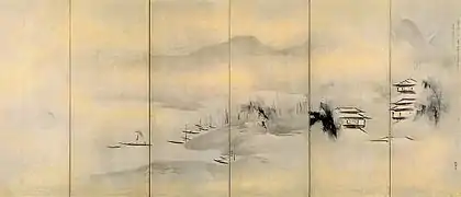 Landschaft mit Pavillons. Rechter Stellschirm