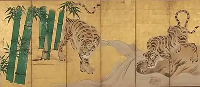 Stellschirm „Bambus und Tiger“, links