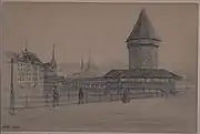 Kapellbrücke mit abgeknicktem Südende (nach der letzten Aufschüttung von 1838)